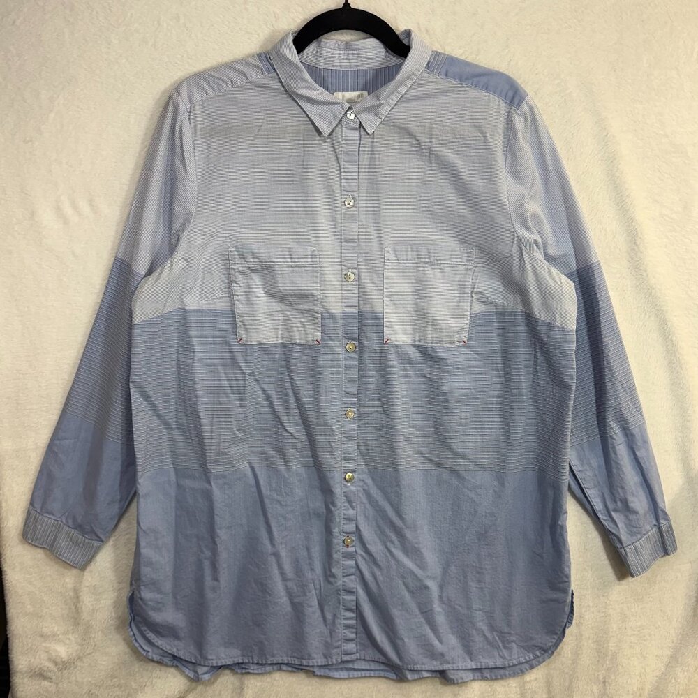 JJill L Button Down Tunic Shirt Blue Colorblock Cotton Oversized Minimalist Soft